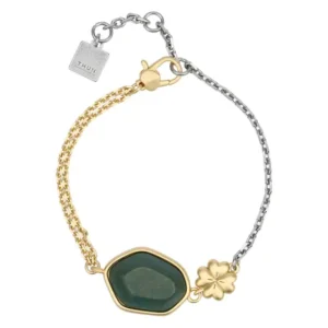 Bracciale bicolore Thun con una catena metà dorata e metà argentata, un elemento centrale con una pietra ceramica irregolare verde scuro e un piccolo quadrifoglio dorato.