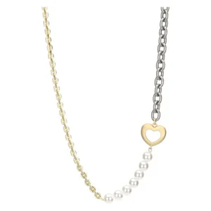 Collana THUN da donna bicolore in acciaio inossidabile con metà catena dorata e metà argentata, con pendente a forma di cuore dorato vuoto e una fila di perle bianche.