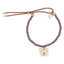 Bracciale Thun con perline in ceramica color malva opaco, chiusura regolabile con cordino marrone, e un pendente a forma di farfalla bicolore (oro e argento).