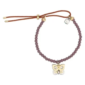 Bracciale Thun con perline in ceramica color malva opaco, chiusura regolabile con cordino marrone, e un pendente a forma di farfalla bicolore (oro e argento).