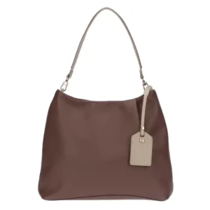 Borsa a spalla THUN grande da donna in ecopelle color malva con manico regolabile e charm a targhetta beige con logo.