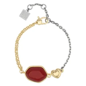 Bracciale bicolore Thun con una catena metà dorata e metà argentata, un elemento centrale con una pietra ceramica irregolare rossa e un piccolo cuore dorato.