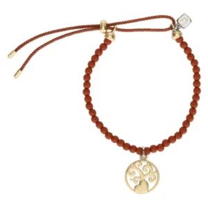 Bracciale THUN con perline rotonde in ceramica color terracotta e pendente circolare dorato con l'Albero della Vita traforato e un cuore, su sfondo bianco.