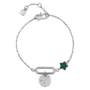 Bracciale THUN in metallo argentato con ciondolo a stella smaltata verde scuro e pendente circolare con incisione della costellazione del Cancro e gemme, su sfondo bianco.