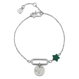 Bracciale THUN in metallo argentato con ciondolo a stella smaltata verde scuro e pendente circolare con incisione della costellazione del Cancro e gemme, su sfondo bianco.