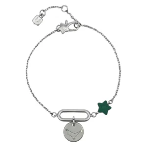 Bracciale THUN in metallo argentato con ciondolo a stella smaltata verde scuro e pendente circolare con incisione della costellazione del Capricorno e gemme, su sfondo bianco.
