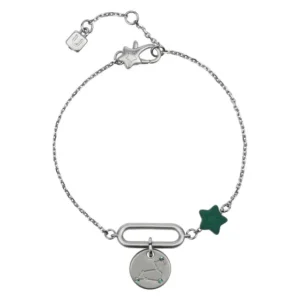 Bracciale THUN da donna in acciaio inossidabile color argento con stella smaltata verde scuro e charm tondo con incisa la costellazione del Leone.
