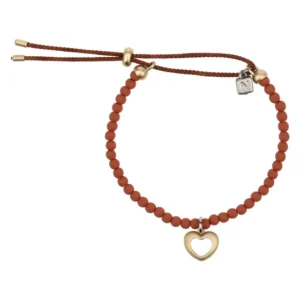 Bracciale Thun con perline in ceramica color terracotta, chiusura regolabile con cordino marrone, e un pendente a forma di cuore dorato.