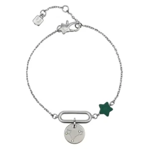 Bracciale THUN da donna in acciaio inossidabile color argento con stella smaltata verde scuro e charm tondo con incisa la costellazione dei Pesci.