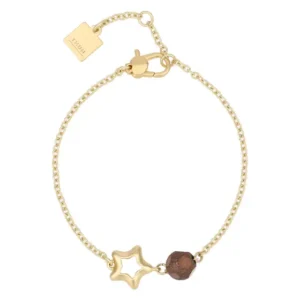 Bracciale THUN da donna in acciaio inossidabile color oro con charm a forma di stella vuota e perla di cristallo marrone scuro, su sfondo bianco.