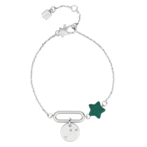 Bracciale THUN in metallo argentato con ciondolo a stella verde smeraldo e pendente circolare con incisione della costellazione del Toro e gemme, su sfondo bianco.