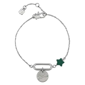Bracciale THUN da donna in acciaio inossidabile color argento con stella smaltata verde scuro e charm tondo con incisa la costellazione della Vergine.