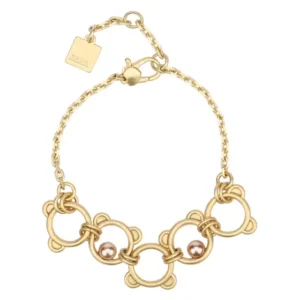 Bracciale dorato Thun con una sequenza di anelli stilizzati a forma di testa di orsetto Teddy, intervallati da due perle color rosé.