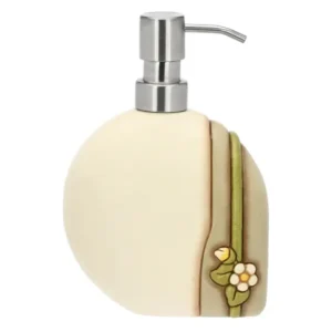 Dosa sapone THUN in ceramica color crema con pompa metallica, decorato con una fascia verde verticale e fiori bianchi con bocciolo.