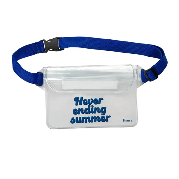 Marsupio trasparente con tracolla blu e scritta never ending summer blu