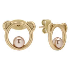 Coppia di orecchini a lobo THUN da donna a forma di testa di orsetto Teddy stilizzata color oro opaco con una perla rosa al centro.