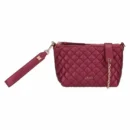 Pochette trapuntata THUN in ecopelle color cherry con tracolla removibile, chiusura a cerniera e dettaglio catena dorata, su sfondo bianco.