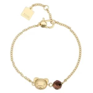 Bracciale THUN color oro con ciondolo a forma di orsetto Teddy satinato e perla di cristallo sfaccettata color marrone, su sfondo bianco.