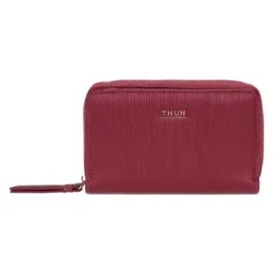 Portafoglio medio THUN in ecopelle color cherry, con logo THUN dorato sul fronte e chiusura a cerniera su tre lati, posato su sfondo bianco.
