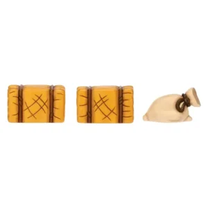 Set di tre accessori THUN per presepe: due balle di fieno e un sacco di ceramica, su sfondo bianco.