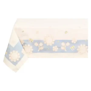 Tovaglia in cotone Elegance THUN 160x270 cm per 12 persone con bordo floreale azzurro.