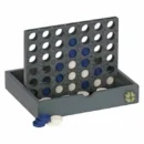 Gioco da tavolo "Unisci 4" THUN in legno con pedine in ceramica bianche e blu.