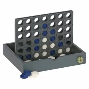 Gioco da tavolo "Unisci 4" THUN in legno con pedine in ceramica bianche e blu.