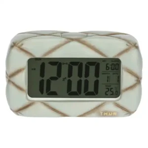 Orologio da tavolo digitale THUN della linea Plumé con cassa in ceramica color avorio a trama trapuntata.