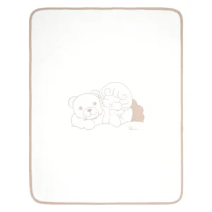 Copertina in cotone THUN di colore panna con bordi beige e illustrazione di un orsetto e un angelo.