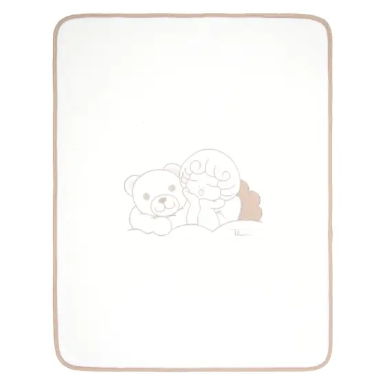 Copertina in cotone THUN di colore panna con bordi beige e illustrazione di un orsetto e un angelo.