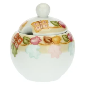 Zuccheriera THUN in ceramica di colore bianco con coperchio e decorazioni floreali e a farfalla.