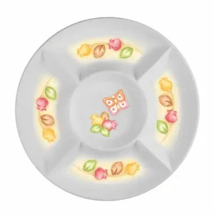 Antipastiera rotonda THUN in ceramica con cinque scomparti e decorazione floreale e a farfalla.