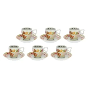 Set di sei tazzine da espresso e piattini THUN in ceramica di colore bianco con decorazioni floreali e a farfalla e la scritta "caffè al volo".