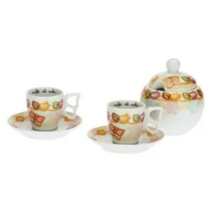 Set da caffè THUN in ceramica con due tazzine, piattini e una zuccheriera, tutti decorati con fiori e farfalle.
