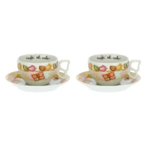 Set di due tazze e piattini THUN in ceramica di colore bianco con decorazioni floreali e a farfalla e la scritta "caffè al volo".