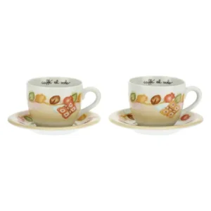 Set di due tazze grandi e piattini THUN in ceramica di colore bianco con decorazioni floreali e a farfalla e la scritta "caffè al volo".