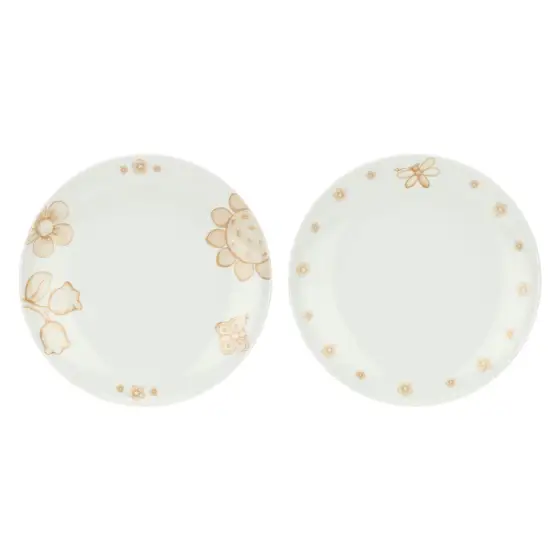 Set di due piatti piani in porcellana bianca THUN con decorazioni floreali stilizzate di colore beige.