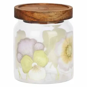 Barattolo medio in vetro trasparente THUN Country Bloom con coperchio in legno e decorazione floreale di viole e altri fiori bianchi, gialli e lilla.