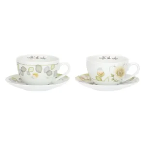 Set di due tazze da colazione con piattino in porcellana bianca THUN Country Bloom, una con decorazione di foglie di eucalipto e l'altra con fiori bianchi.
