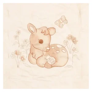 Trapunta THUN per culla di colore beige con disegno di un cerbiatto, una coccinella, fiori e una farfalla in stile acquerello.